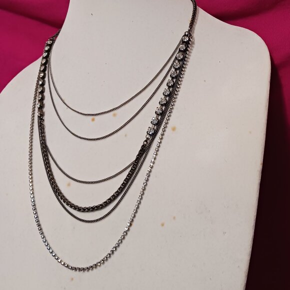 Hand Crafted Gun Metal Chain and Rhinestone Multi Layer Necklace - Picture 2 of 11
